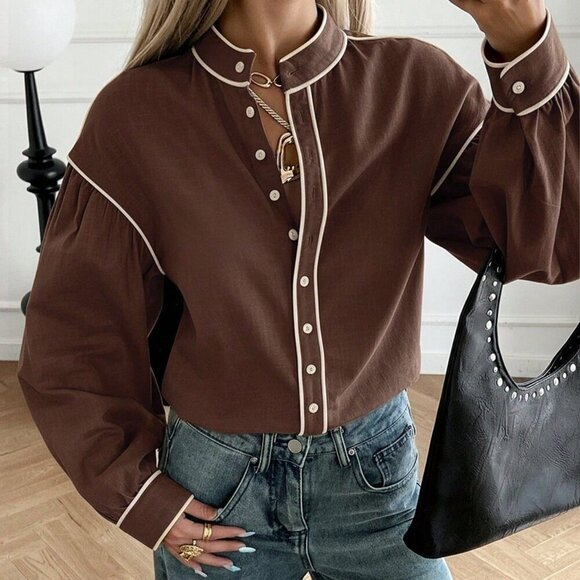 Brown Casual Women's Contrast Trim Long Sleeve Cotton Blouse - Picture 3 of 5